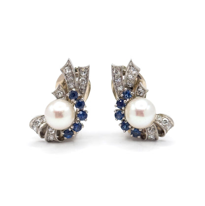 Retro Era 1940s Clip on Pearl Earrings with Sapphire & Diamond in 14K