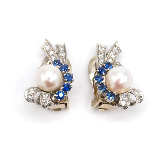 Retro Era 1940s Clip on Pearl Earrings with Sapphire & Diamond in 14K
