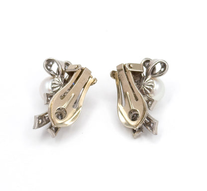 Retro Era 1940s Clip on Pearl Earrings with Sapphire & Diamond in 14K