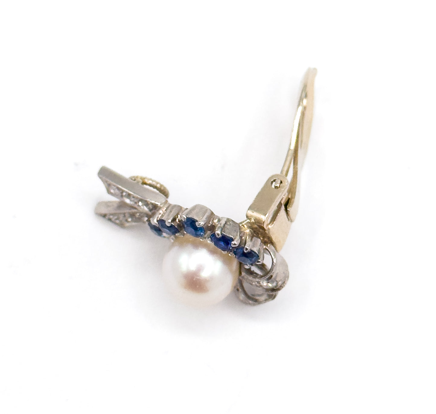 Retro Era 1940s Clip on Pearl Earrings with Sapphire & Diamond in 14K
