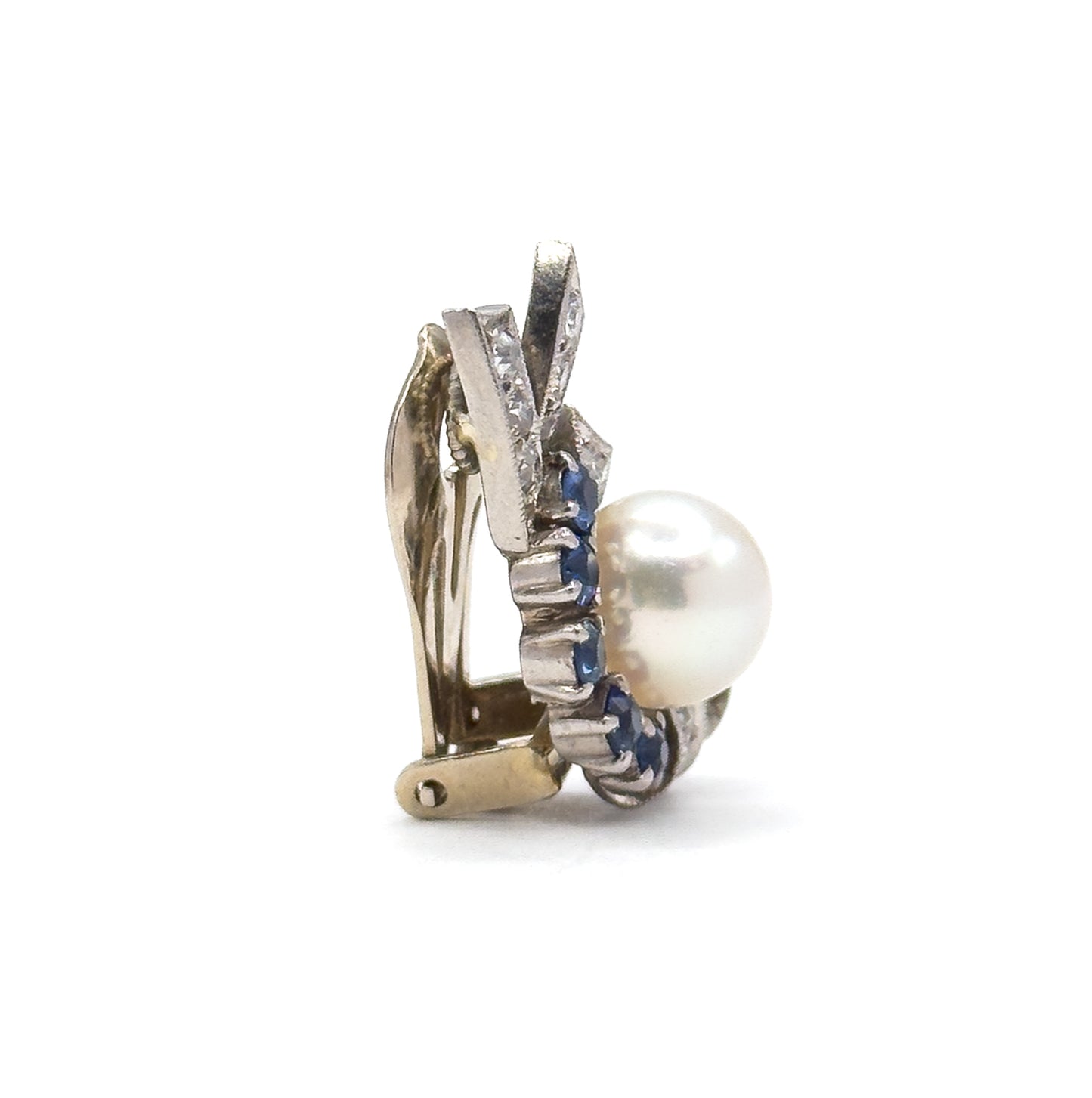 Retro Era 1940s Clip on Pearl Earrings with Sapphire & Diamond in 14K