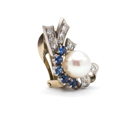 Retro Era 1940s Clip on Pearl Earrings with Sapphire & Diamond in 14K