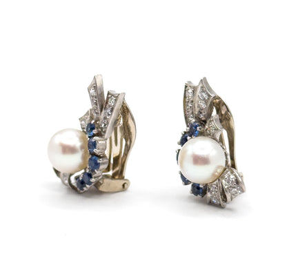 Retro Era 1940s Clip on Pearl Earrings with Sapphire & Diamond in 14K