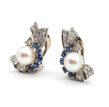 Retro Era 1940s Clip on Pearl Earrings with Sapphire & Diamond in 14K