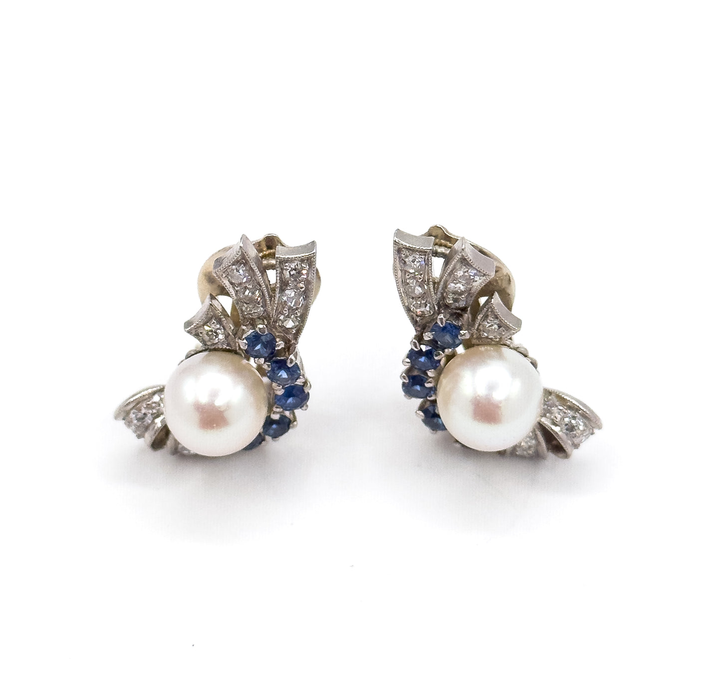 Retro Era 1940s Clip on Pearl Earrings with Sapphire & Diamond in 14K