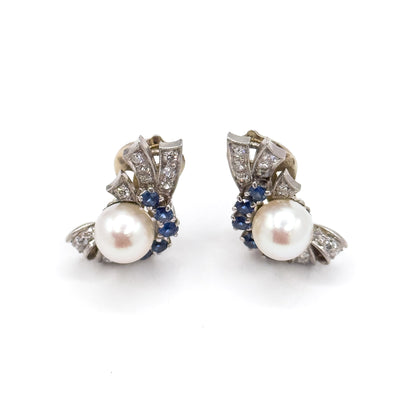 Retro Era 1940s Clip on Pearl Earrings with Sapphire & Diamond in 14K