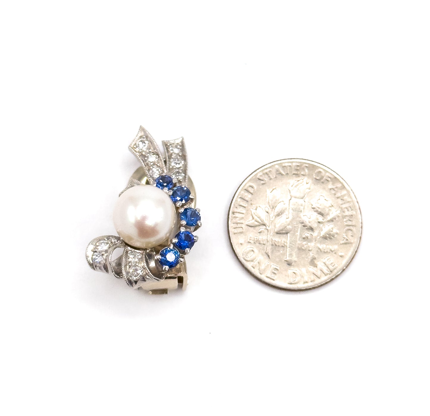 Retro Era 1940s Clip on Pearl Earrings with Sapphire & Diamond in 14K