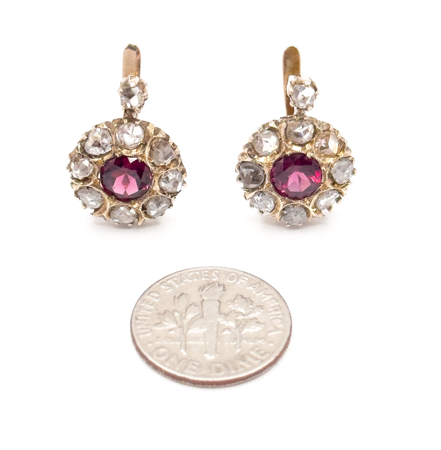 Antique Pink Rubellite Tourmaline & Rose Cut Diamond Leverback Earrings in Gold
