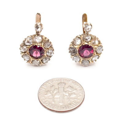 Antique Pink Rubellite Tourmaline & Rose Cut Diamond Leverback Earrings in Gold