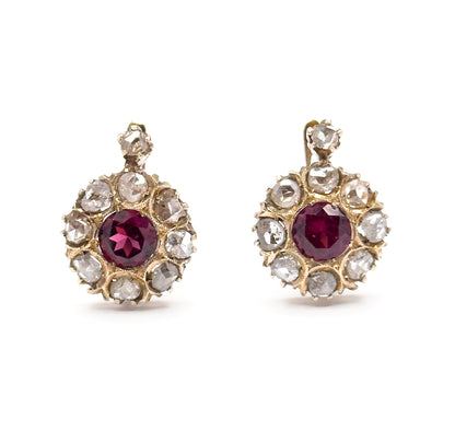 Antique Pink Rubellite Tourmaline & Rose Cut Diamond Leverback Earrings in Gold