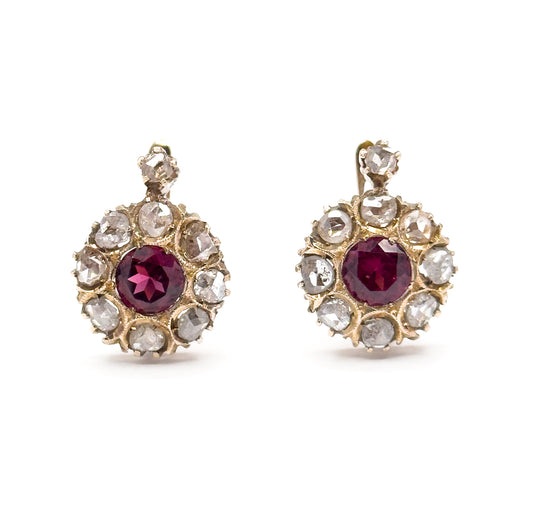 Antique Pink Rubellite Tourmaline & Rose Cut Diamond Leverback Earrings in Gold