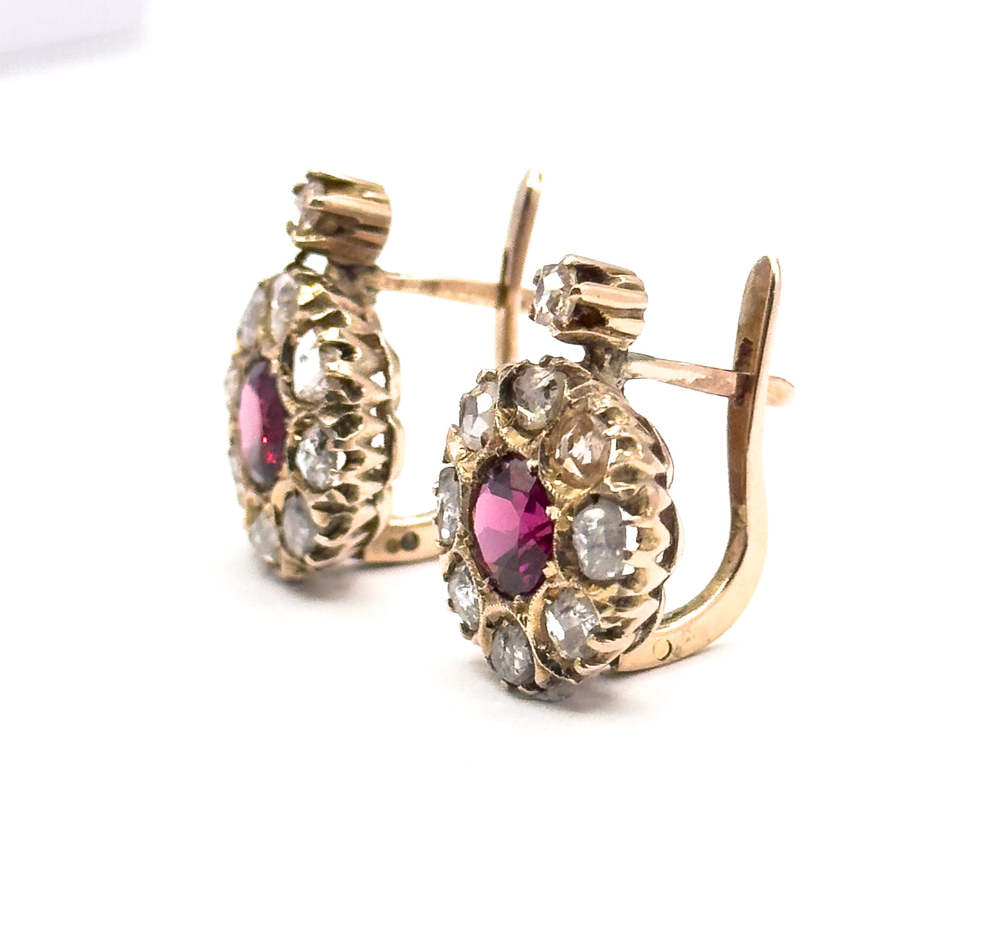 Antique Pink Rubellite Tourmaline & Rose Cut Diamond Leverback Earrings in Gold