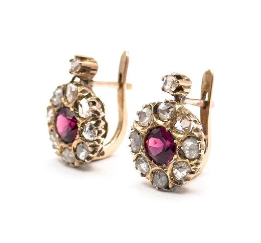 Antique Pink Rubellite Tourmaline & Rose Cut Diamond Leverback Earrings in Gold