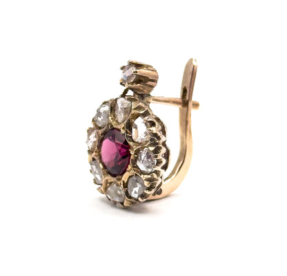 Antique Pink Rubellite Tourmaline & Rose Cut Diamond Leverback Earrings in Gold