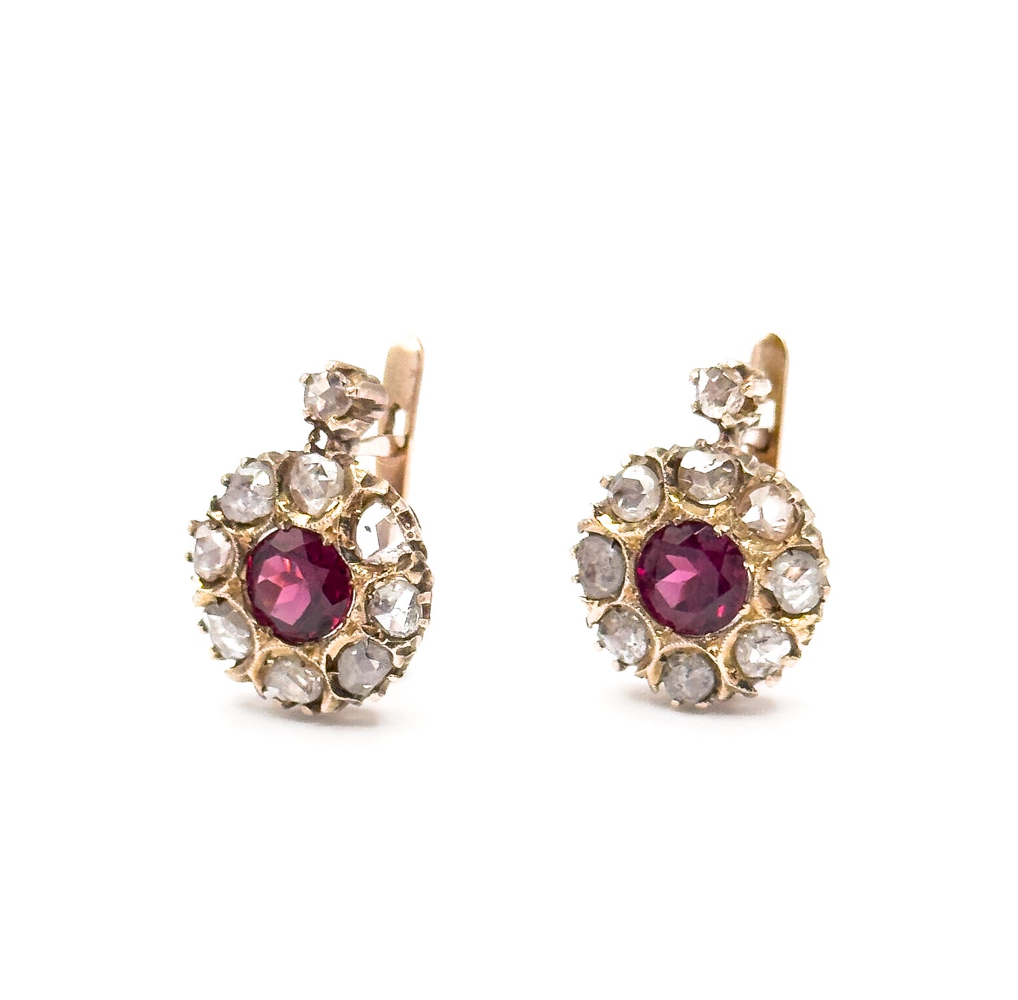Antique Pink Rubellite Tourmaline & Rose Cut Diamond Leverback Earrings in Gold