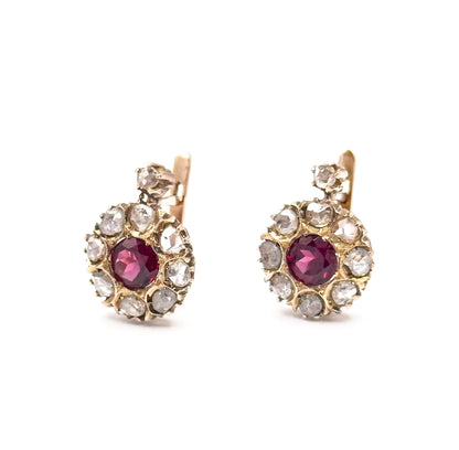 Antique Pink Rubellite Tourmaline & Rose Cut Diamond Leverback Earrings in Gold
