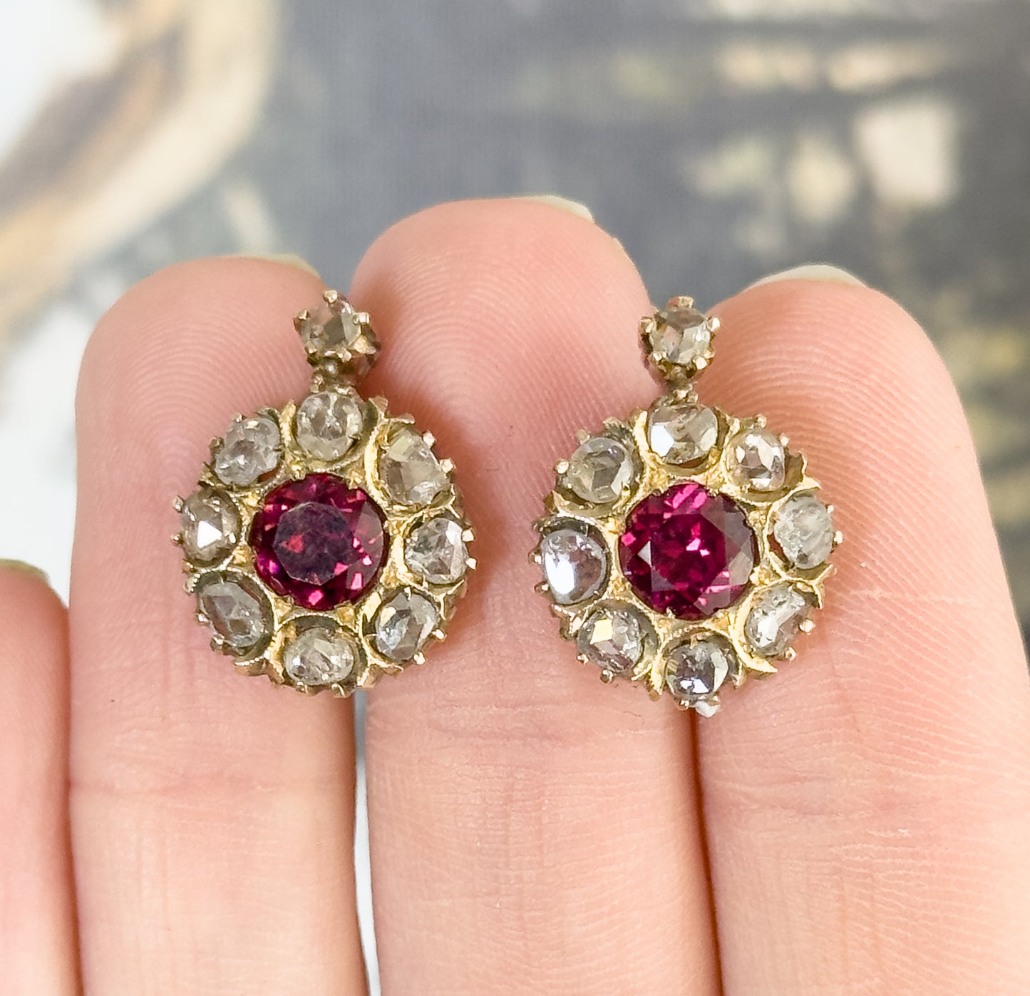 Antique Pink Rubellite Tourmaline & Rose Cut Diamond Leverback Earrings in Gold