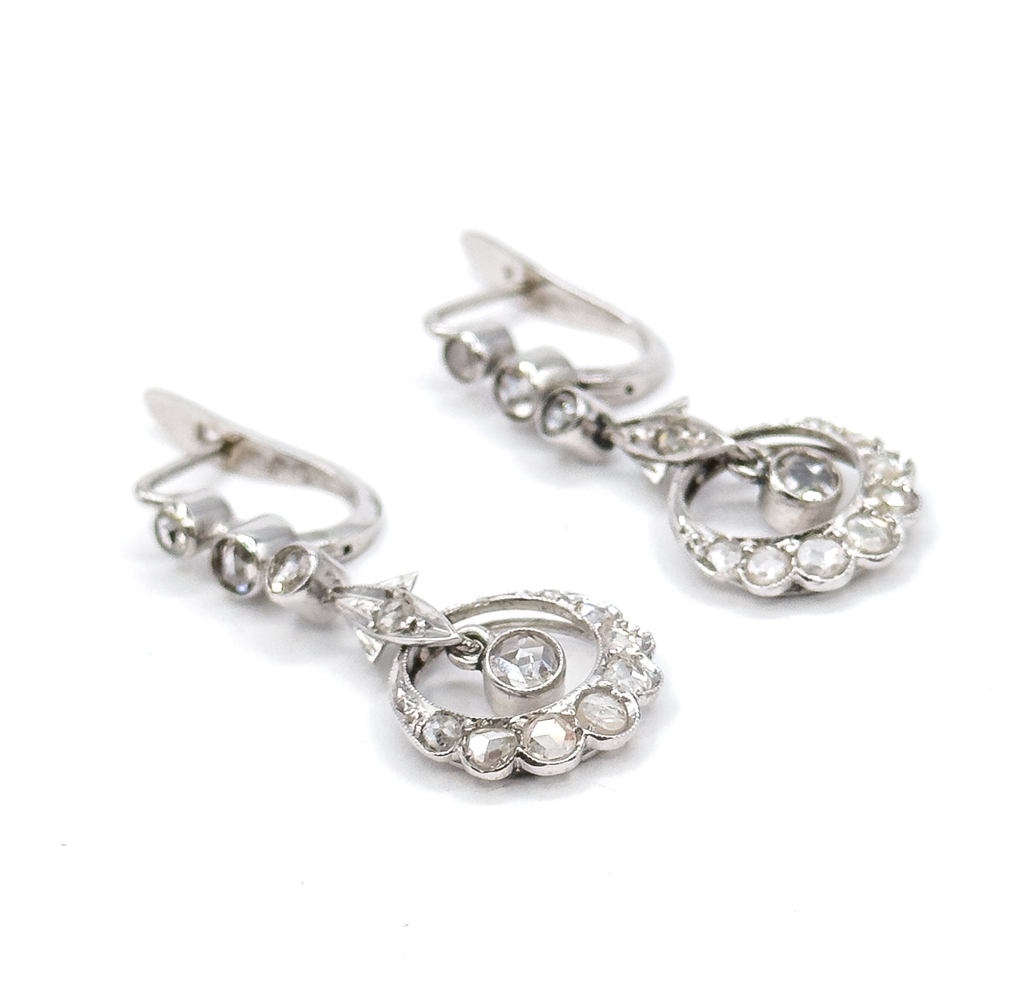 Rose Cut Diamond Filigree Drop Earrings in 18K White Gold