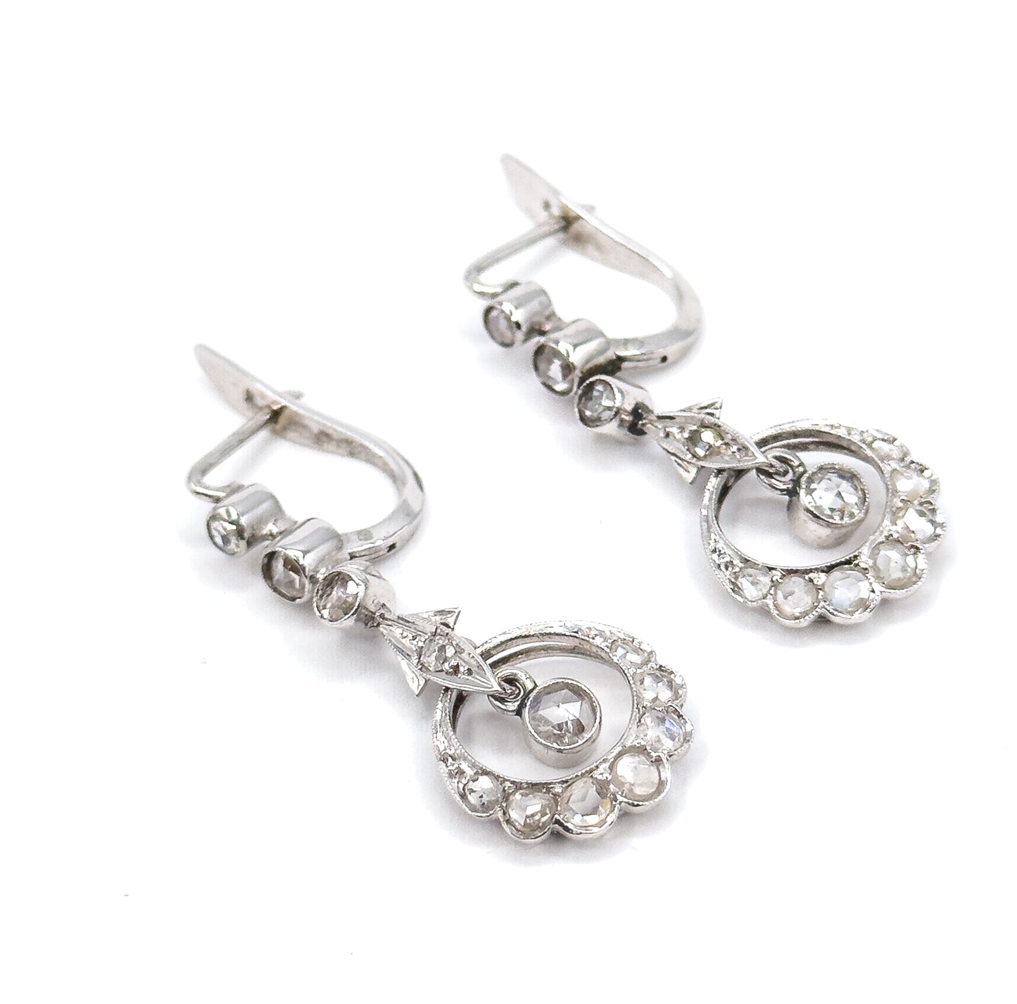 Rose Cut Diamond Filigree Drop Earrings in 18K White Gold