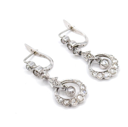 Rose Cut Diamond Filigree Drop Earrings in 18K White Gold