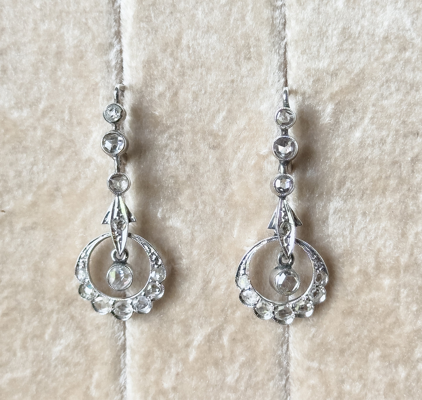 Rose Cut Diamond Filigree Drop Earrings in 18K White Gold