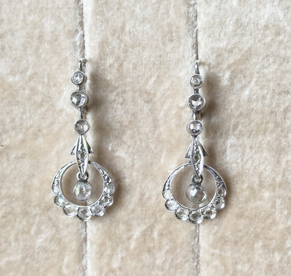 Rose Cut Diamond Filigree Drop Earrings in 18K White Gold
