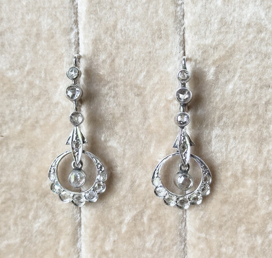 Rose Cut Diamond Filigree Drop Earrings in 18K White Gold