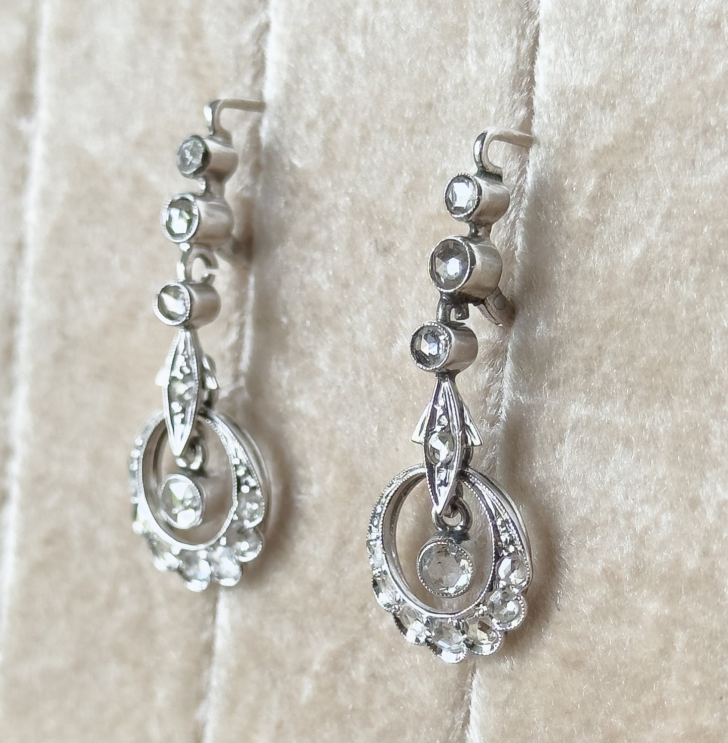 Rose Cut Diamond Filigree Drop Earrings in 18K White Gold