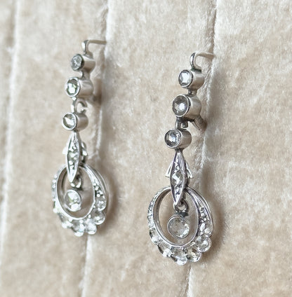 Rose Cut Diamond Filigree Drop Earrings in 18K White Gold