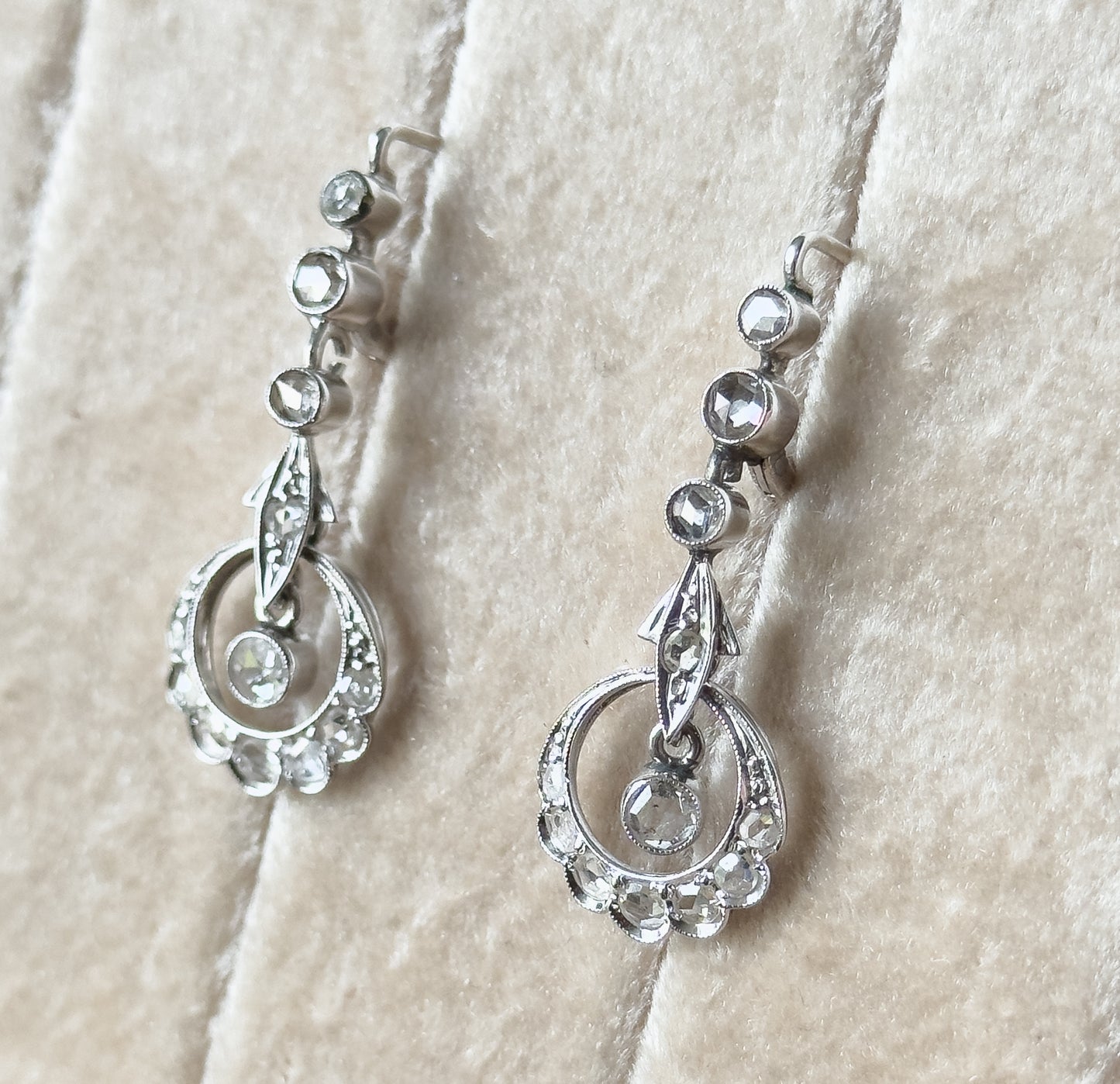 Rose Cut Diamond Filigree Drop Earrings in 18K White Gold