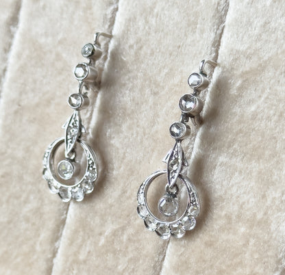 Rose Cut Diamond Filigree Drop Earrings in 18K White Gold