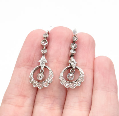 Rose Cut Diamond Filigree Drop Earrings in 18K White Gold