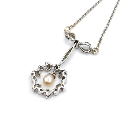 Edwardian Diamond & Pearl Bow Wreath Necklace in White Gold