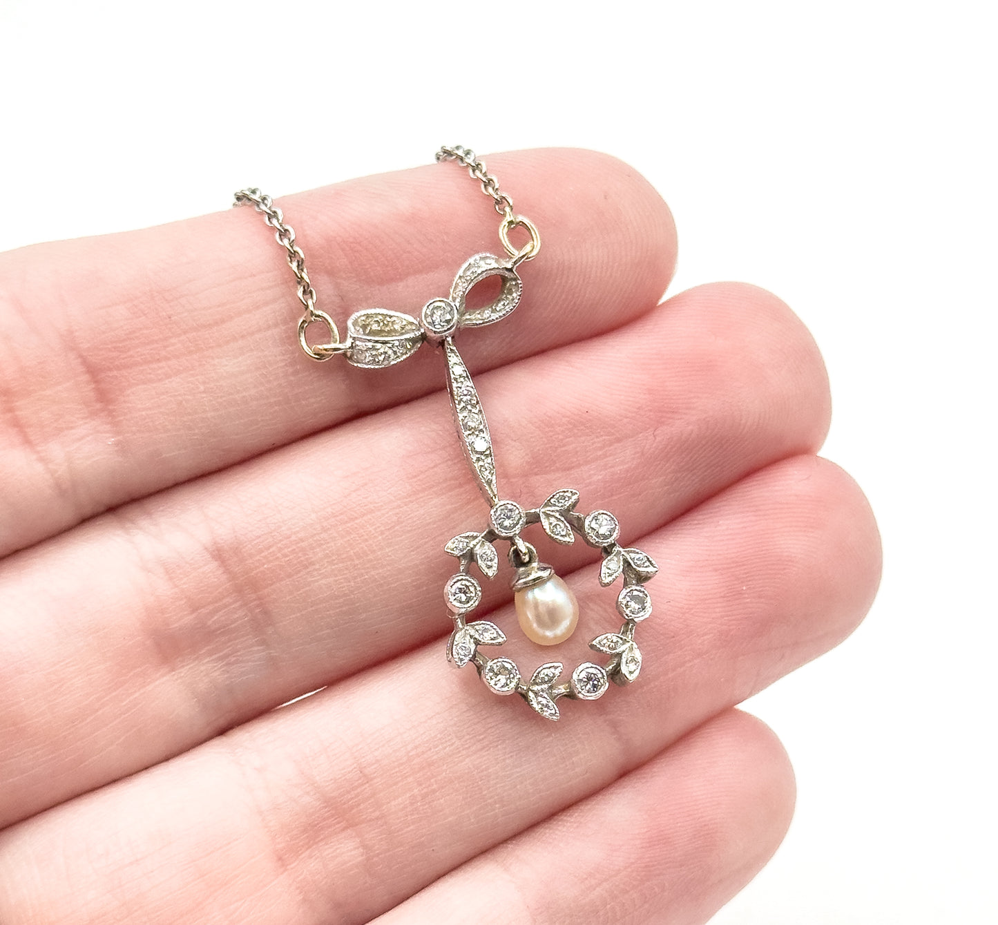 Edwardian Diamond & Pearl Bow Wreath Necklace in White Gold