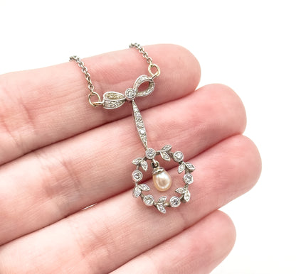 Edwardian Diamond & Pearl Bow Wreath Necklace in White Gold