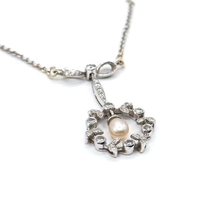 Edwardian Diamond & Pearl Bow Wreath Necklace in White Gold