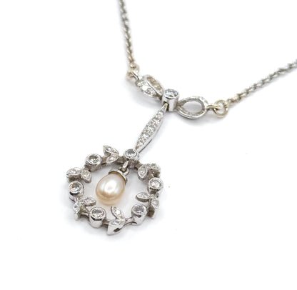 Edwardian Diamond & Pearl Bow Wreath Necklace in White Gold