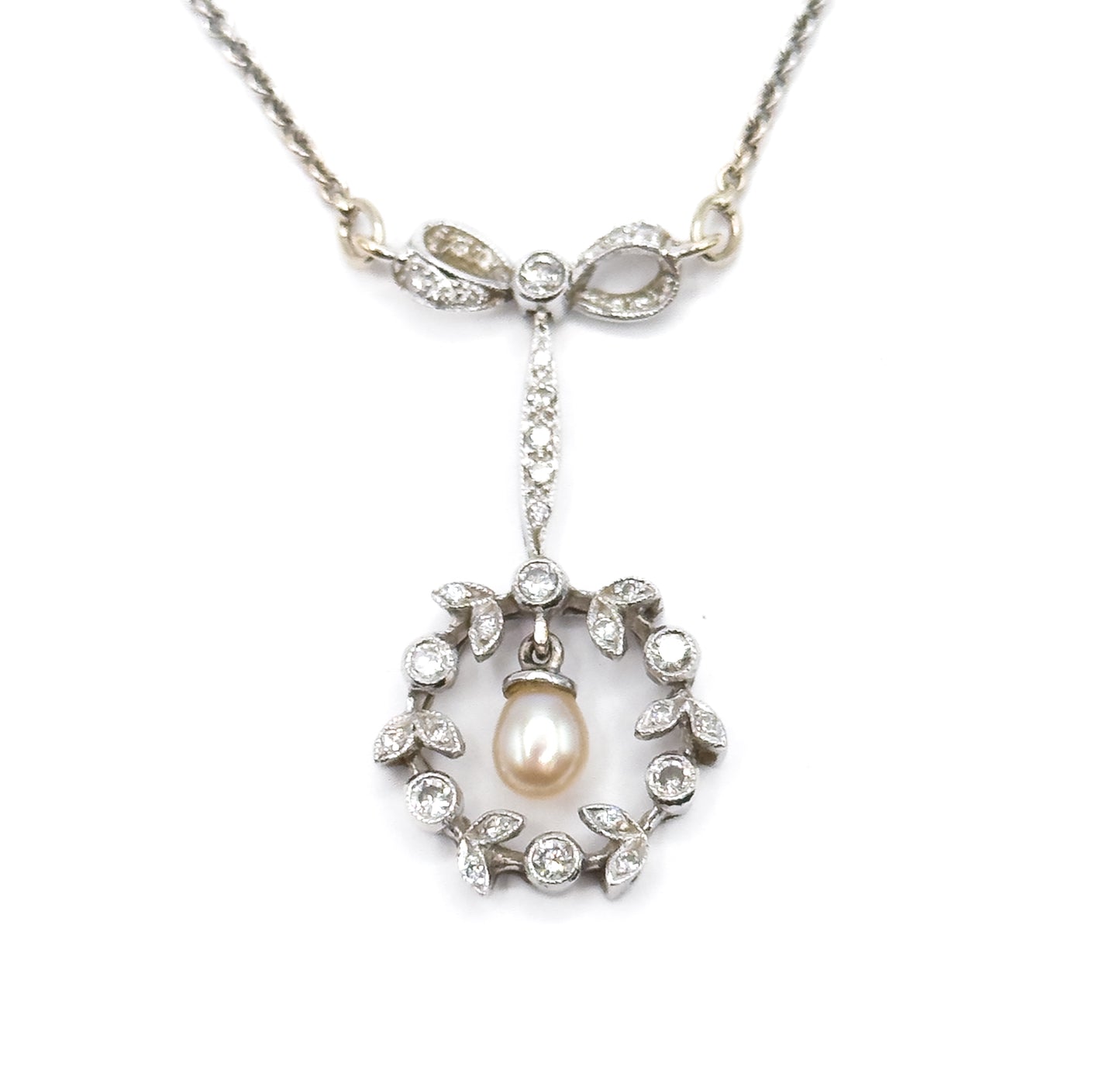 Edwardian Diamond & Pearl Bow Wreath Necklace in White Gold