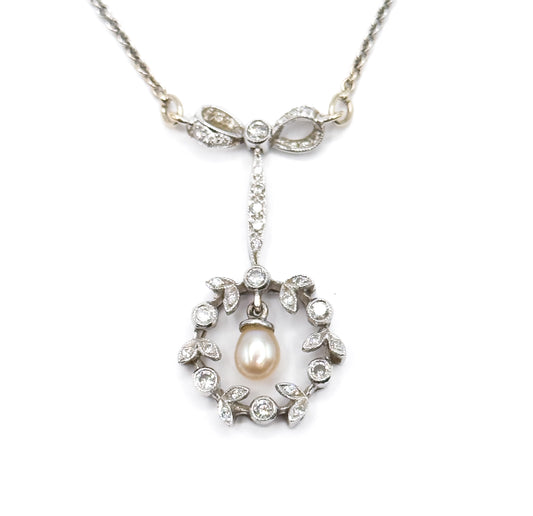 Edwardian Diamond & Pearl Bow Wreath Necklace in White Gold