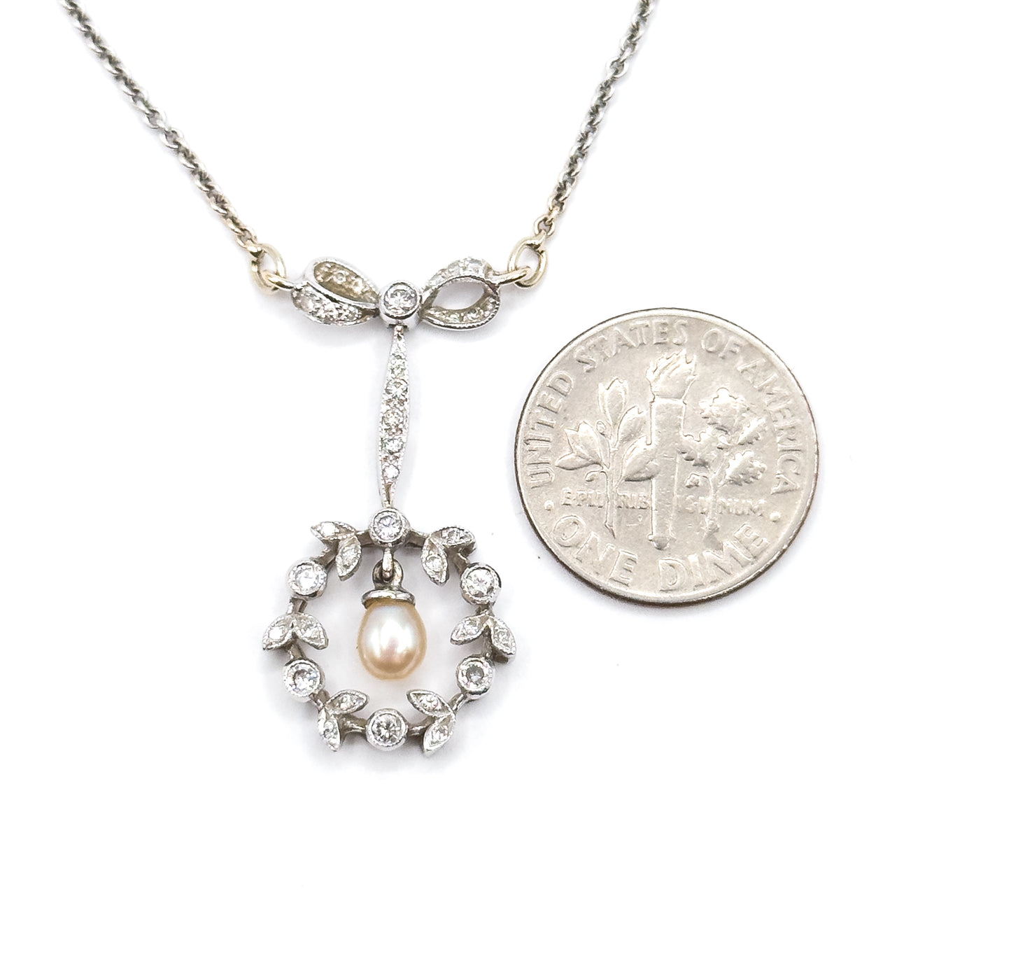 Edwardian Diamond & Pearl Bow Wreath Necklace in White Gold