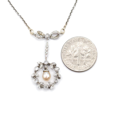 Edwardian Diamond & Pearl Bow Wreath Necklace in White Gold