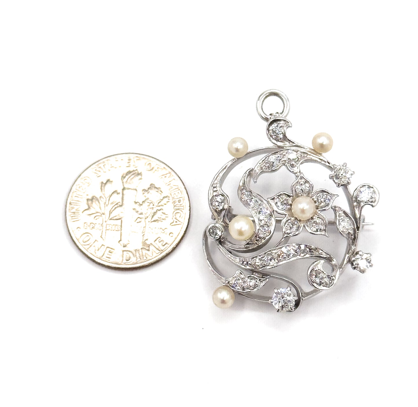 Edwardian Diamond & Pearl Convertible Pendant Brooch in Platinum
