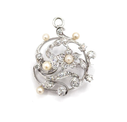 Edwardian Diamond & Pearl Convertible Pendant Brooch in Platinum