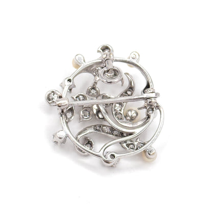 Edwardian Diamond & Pearl Convertible Pendant Brooch in Platinum