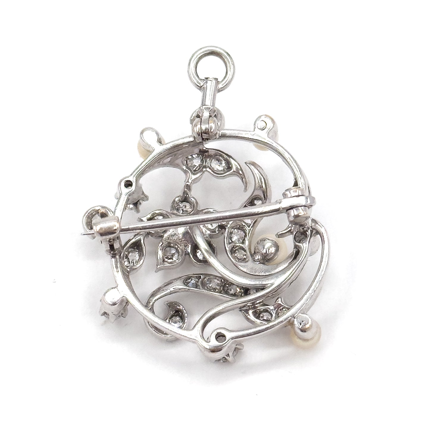 Edwardian Diamond & Pearl Convertible Pendant Brooch in Platinum
