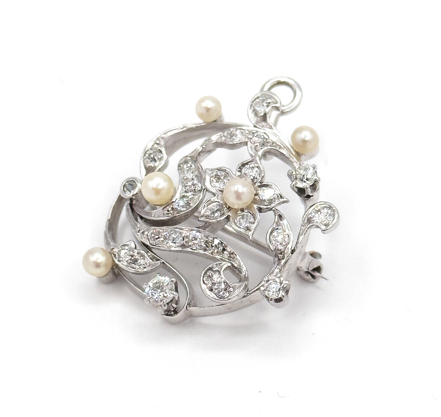 Edwardian Diamond & Pearl Convertible Pendant Brooch in Platinum
