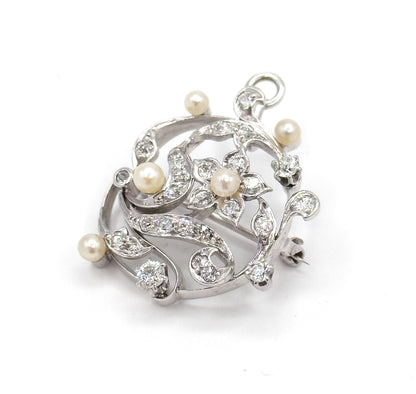 Edwardian Diamond & Pearl Convertible Pendant Brooch in Platinum