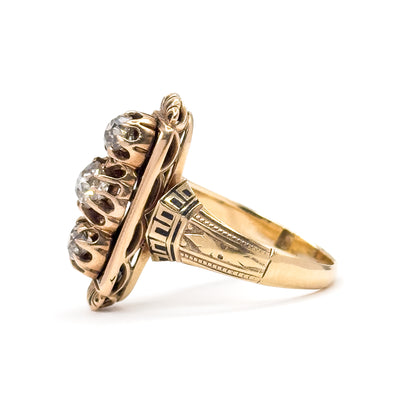 Victorian Old Mine Diamond & Black Enamel Ring in 14K Yellow Gold