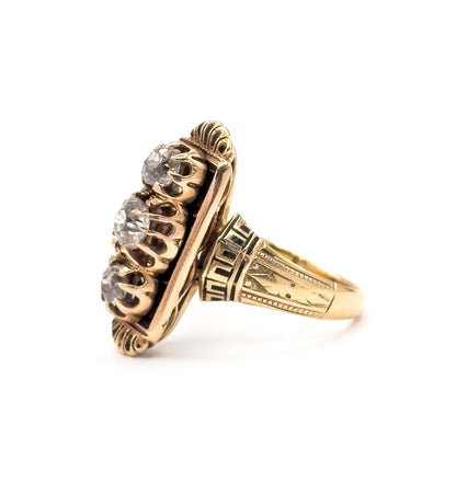 Victorian Old Mine Diamond & Black Enamel Ring in 14K Yellow Gold