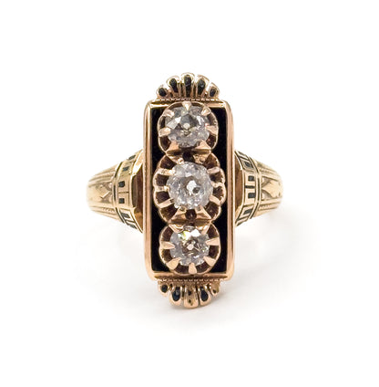 Victorian Old Mine Diamond & Black Enamel Ring in 14K Yellow Gold